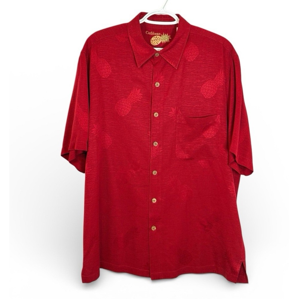 Caribbean Mens Red Pineapple Print Silk Short Sleeve Button Up Shirt Large